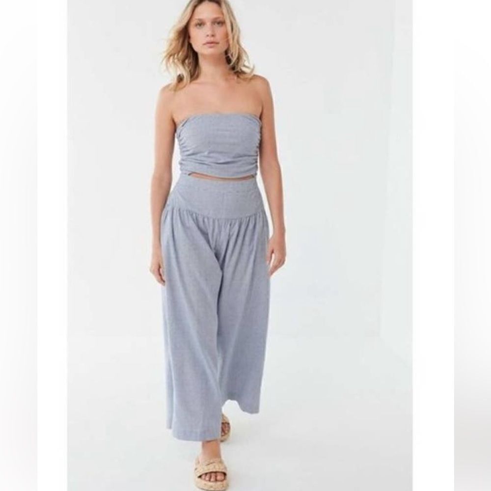 NWT urban outfitters Jumpsuit Strapless Blue/ White Striped Size L  Wide Leg